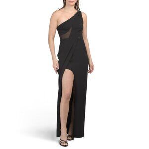 ADRIANNA BY ADRIANNA PAPELL Black One Shoulder Mesh Insert Gown